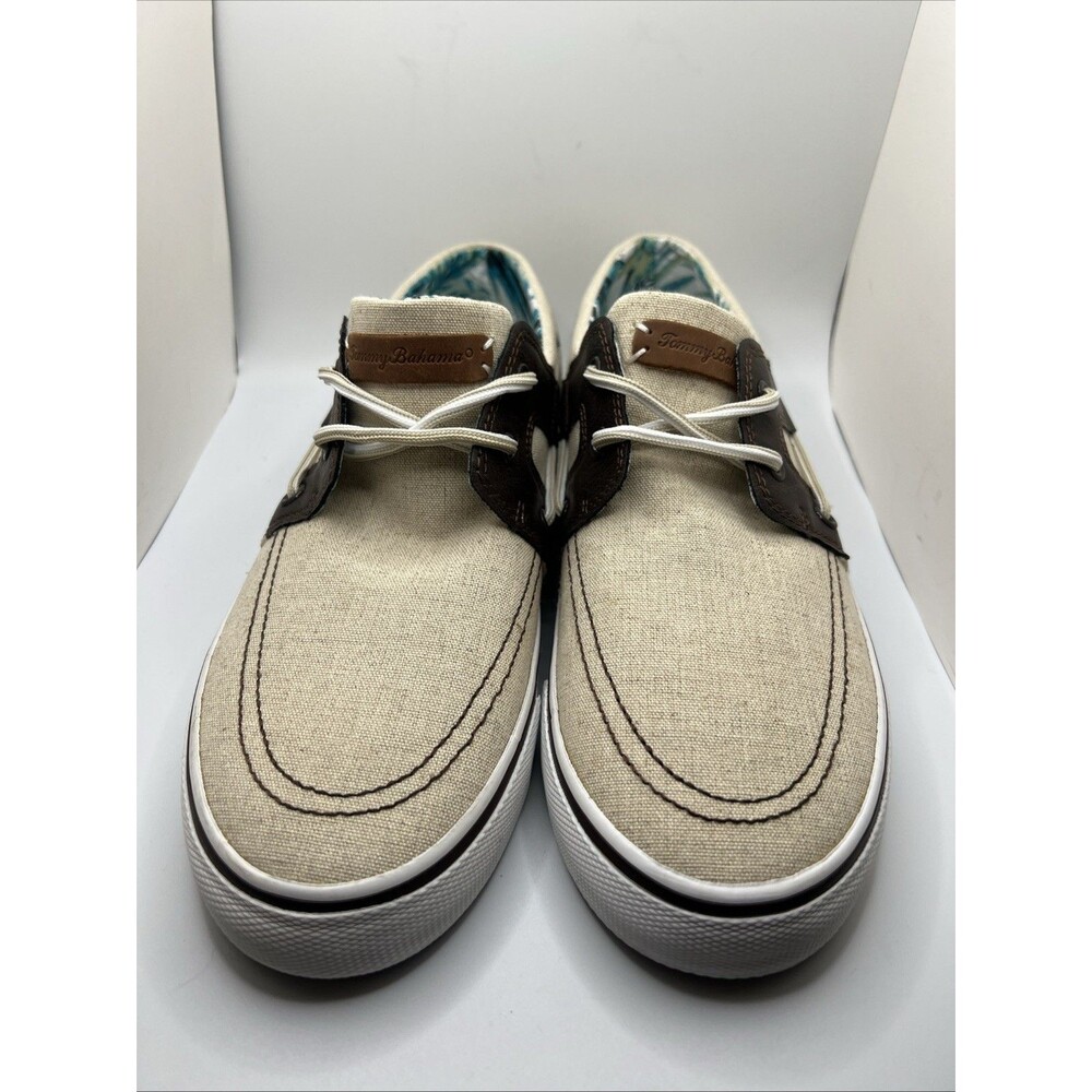 Tommy Bahama Men’s Sz. 9 Boat Sneaker Shoes Beige W/Brown Learher TB7F10147 New